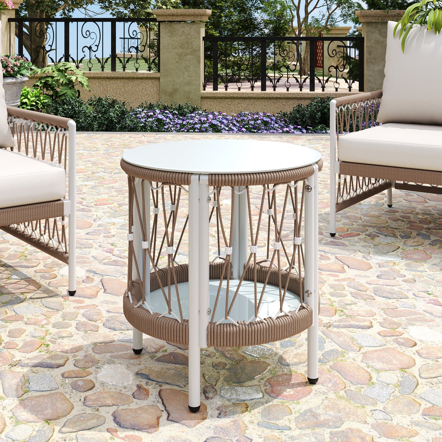 Glenrenin 17.32" Bohemian Garden Accent Outdoor Side Table, Glass Top