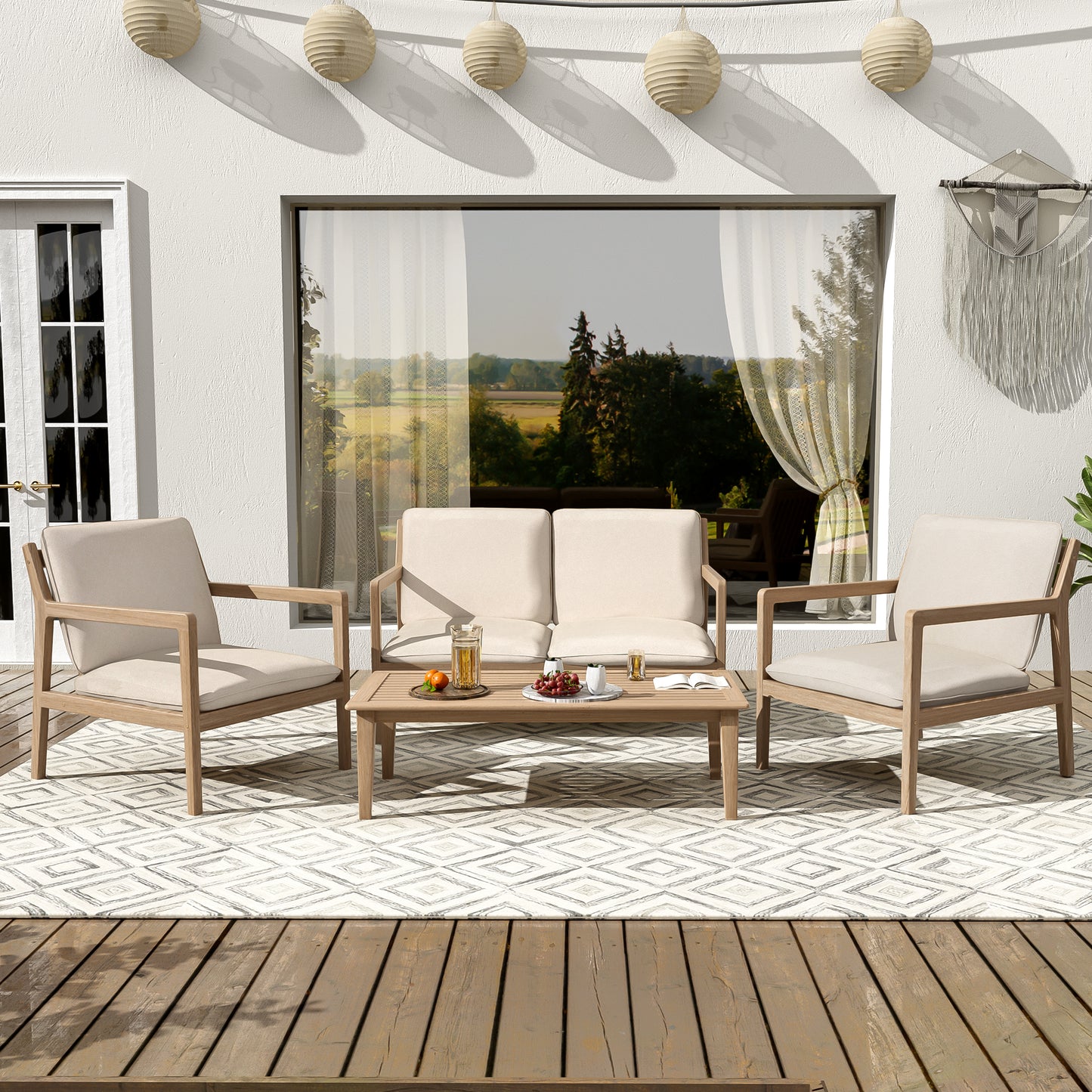 Nachelette Outdoor Chat Set,Acacia Wood Loveseat with Coffee Table and Armchair.