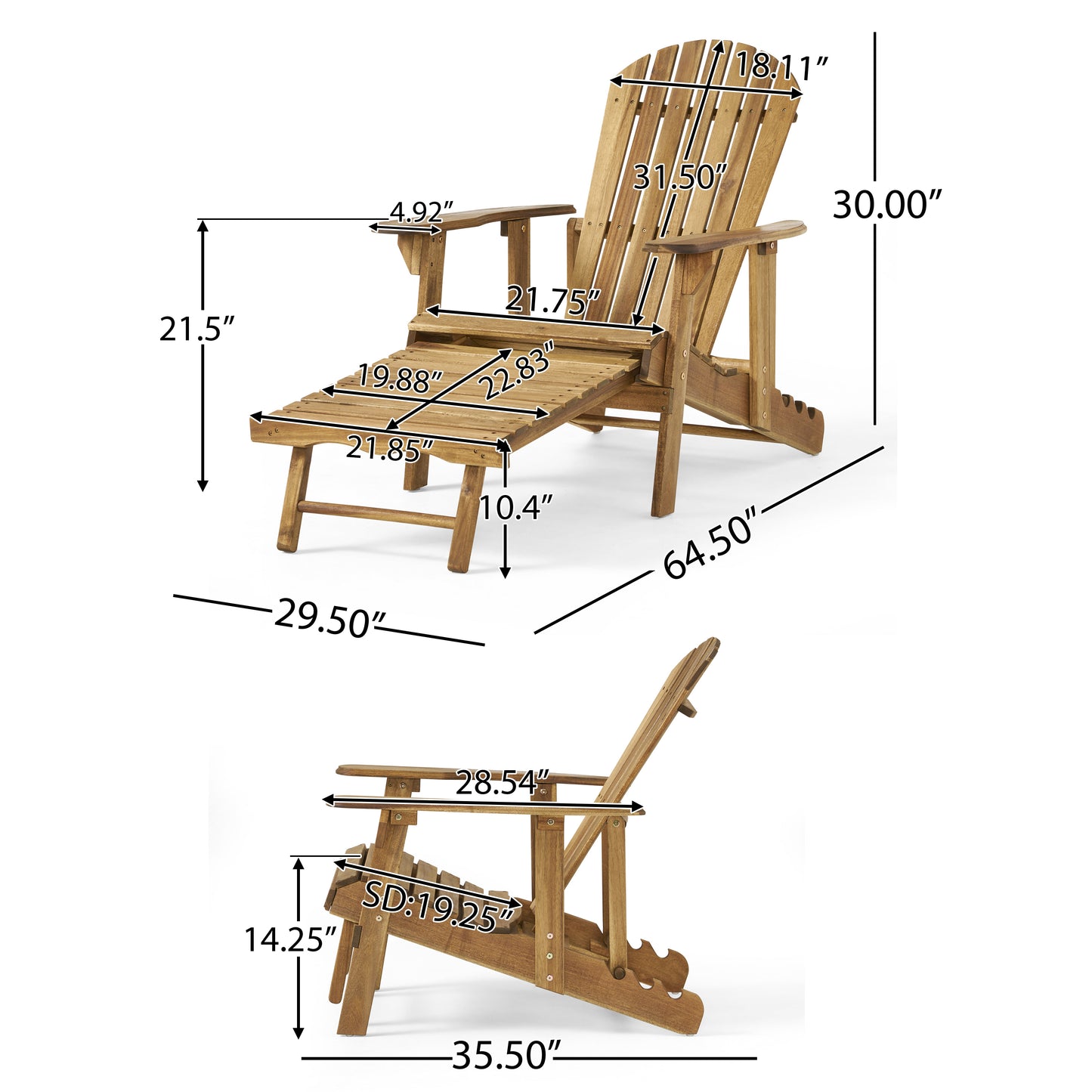 Kono Outdoor Acacia Wood Reclining Adirondack Chair with Footrest, Natural