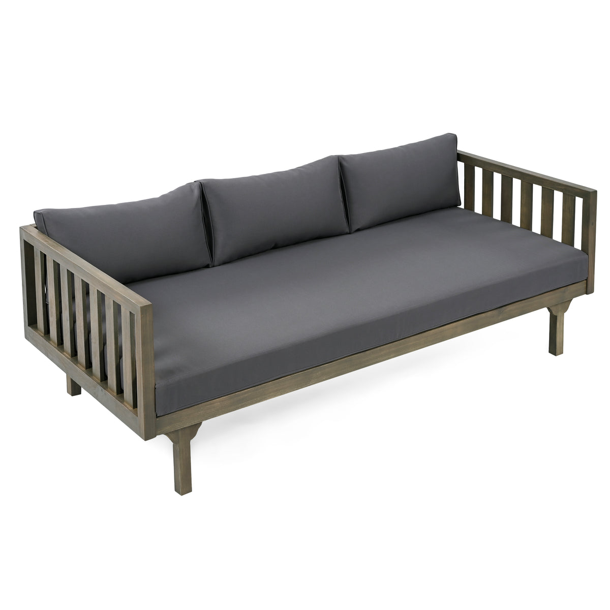 Pastiche Claremont Outdoor 3 Seater Acacia Wood Daybed with Fabric Water Resistant and Removable Cushions, Patio Garden Sofa with Slat Paneling Armrest and Back, Grey and Dark Grey