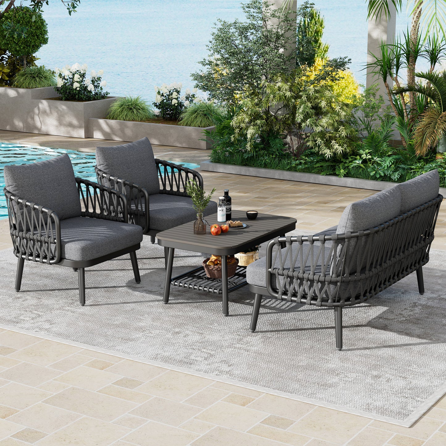 Aebrom Outdoor Patio Furniture Set,Woven Rope Chairs,with Thick Cushions and Coffee Table