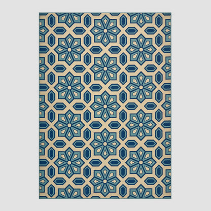 Jacobs Outdoor Geometric Floral Ivory and Blue Rectangular Area Rug