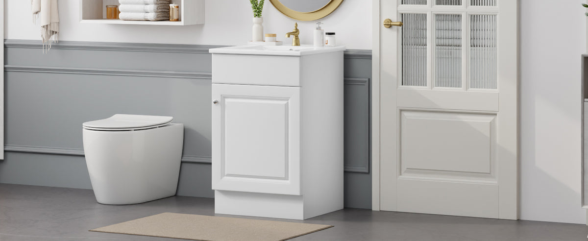 Effervescent Vanes Wood Frame 20" Bathroom Vanity with Ceramic Sink, Cabinet with Soft-Closing Door Shelf and Adjustable Shelf, Open Back, Metal Hardware, Storage/Organizer, White