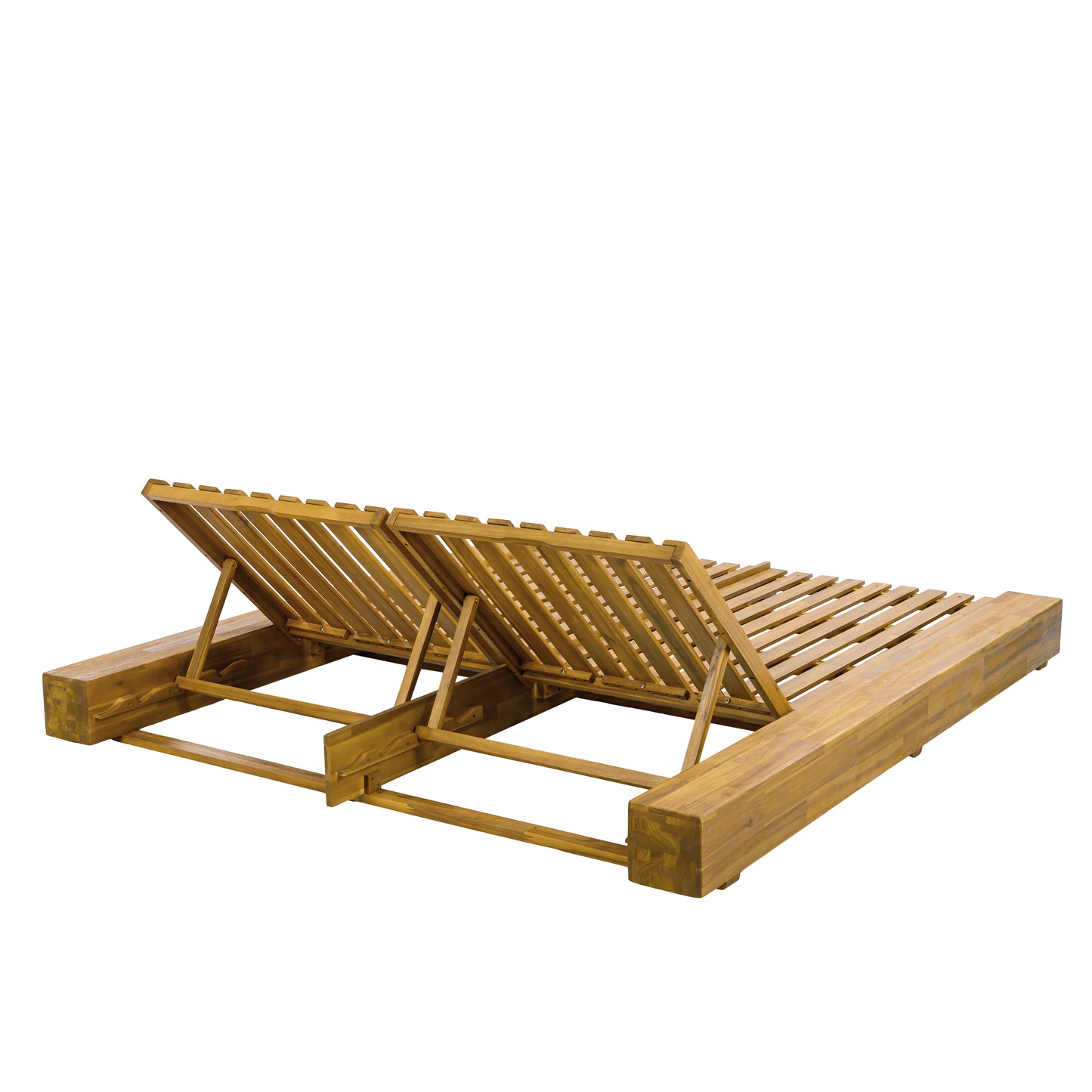Junipar Outdoor Double Chaise Lounge, Acacia Wood, 4 Position Adjustable Back, 800lbs Capacity