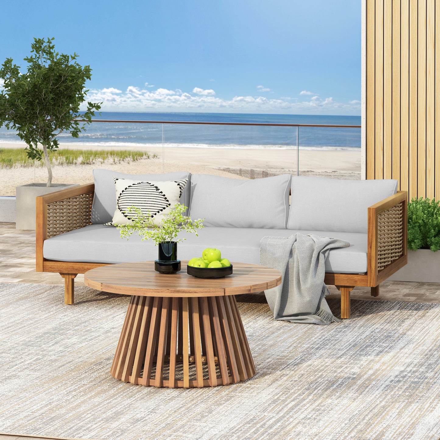 Xenath Outdoor Patio Furnitre Sets 3 Pieces,3 Seater Daybed With Rattan Arms + Acacia Wood Table