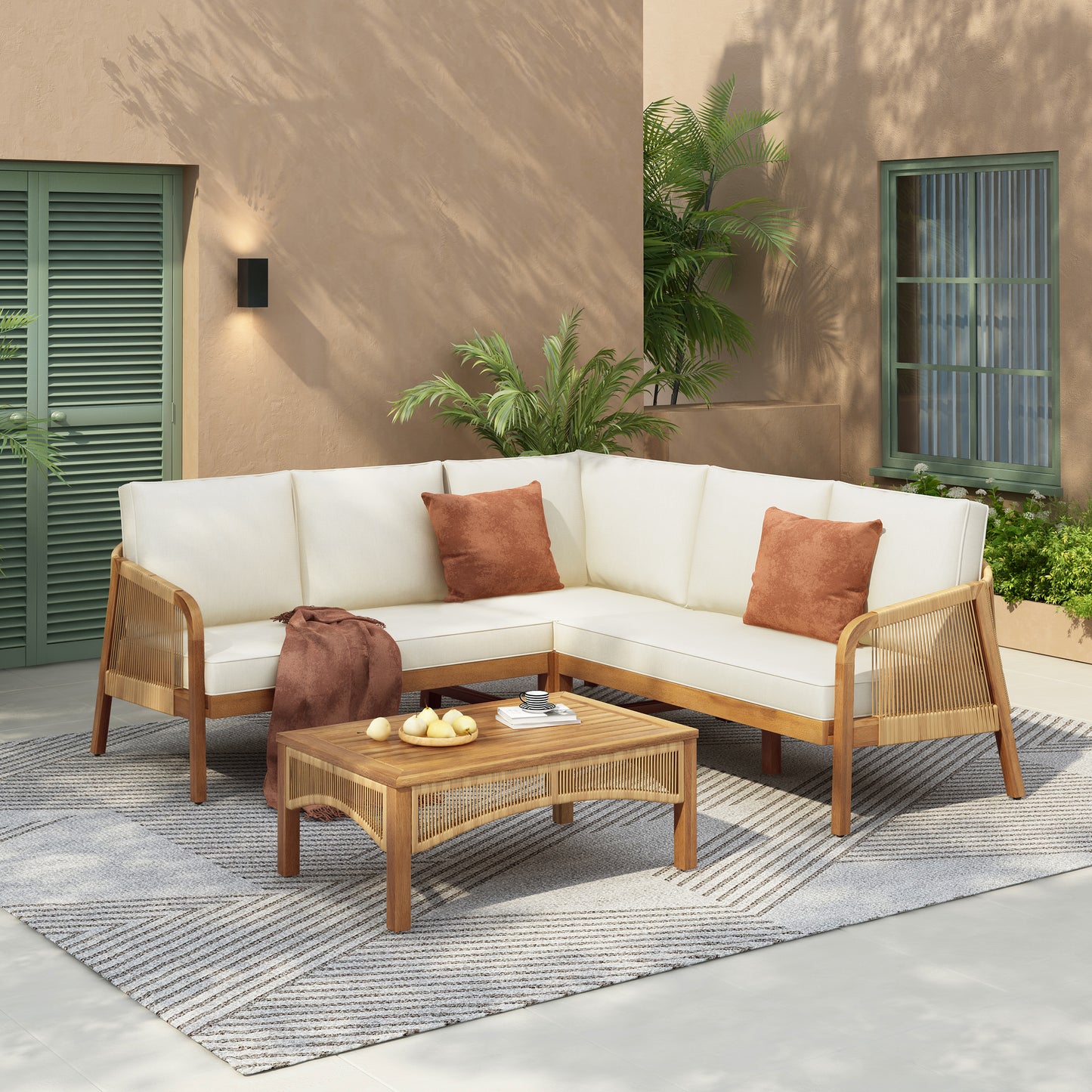 Vespear 4-Pieces Acacia Wood Patio Furniture Set, Outdoor Furniture with Coffee Table, Patio Sectional L Shape Sofa Set Deep Seating with Soft Cushion, for Garden, Backyard Porch Balcony, Teak Finish & Beige
