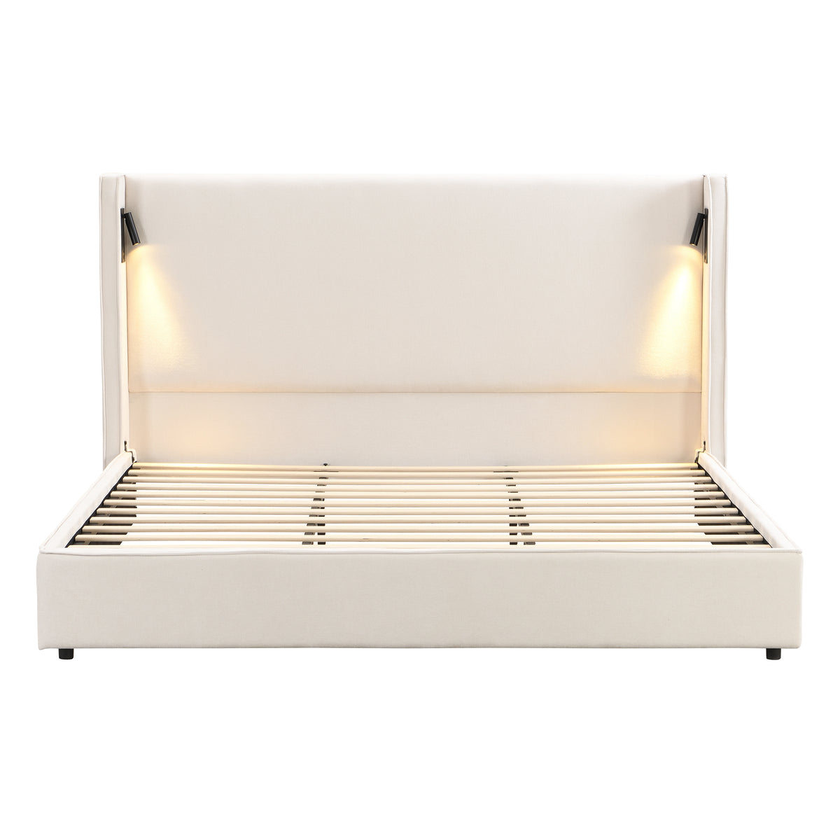 Catharsis 49.20" H King Headboard Bed, Upholstered King Size Bed, Slats Panel Support Platform, No Spring Box Needed, Wingback Headboard with Reading Lamps and USB, Beige Visit the Christopher Knight Home Store