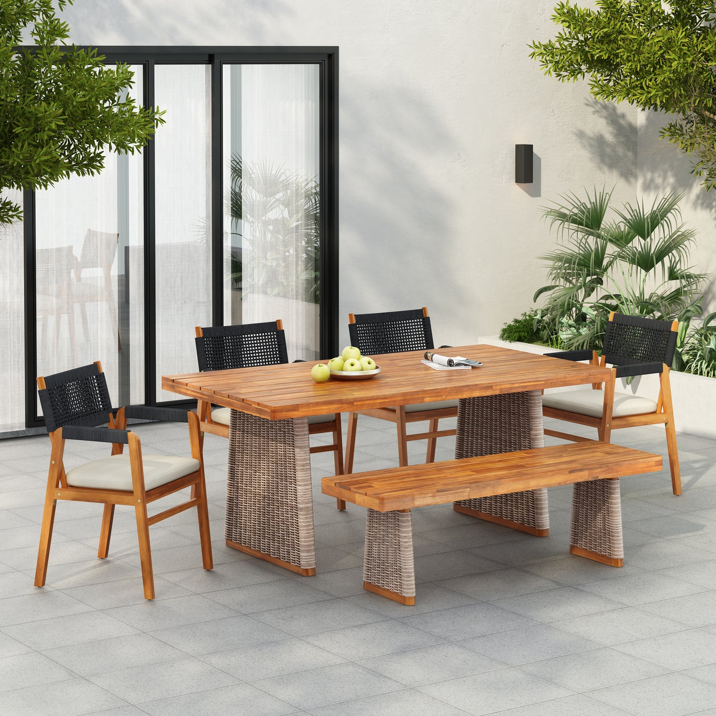 Alista Outdoor 6 Pieces Acacia Wood Dining Set,Include 4 Armchair with Cushion,1 Bench and 1 Table
