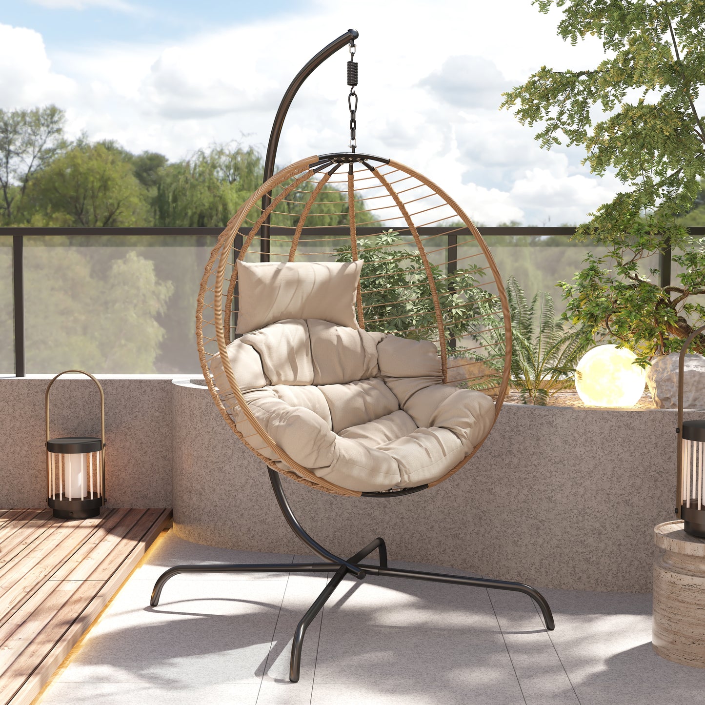Luciane Outdoor Patio Hanging Basket Chair with Stand, Beige + Brown
