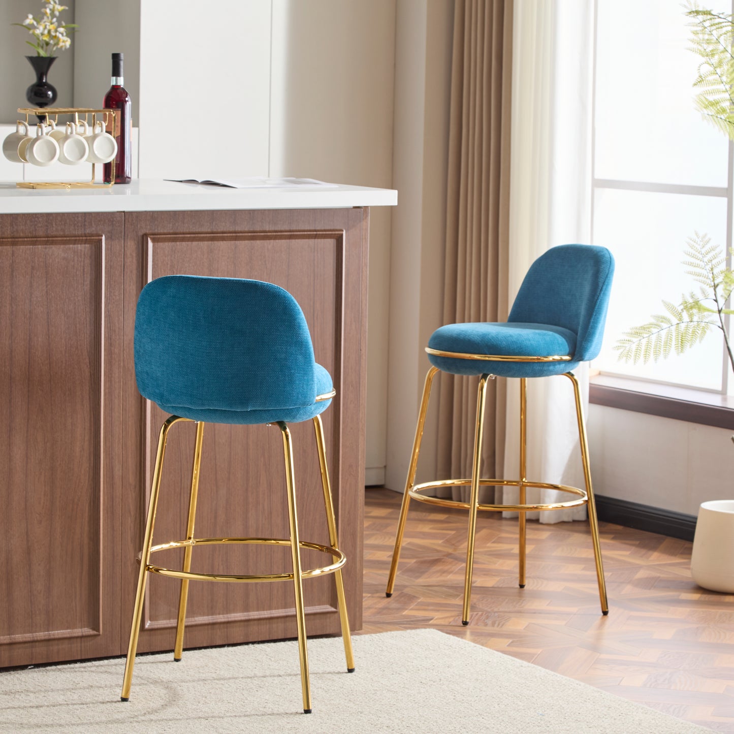 Rio Claro Indoor Metal Upholstered Barstool, Gold Finished Frame and Upholstery, Set of 2