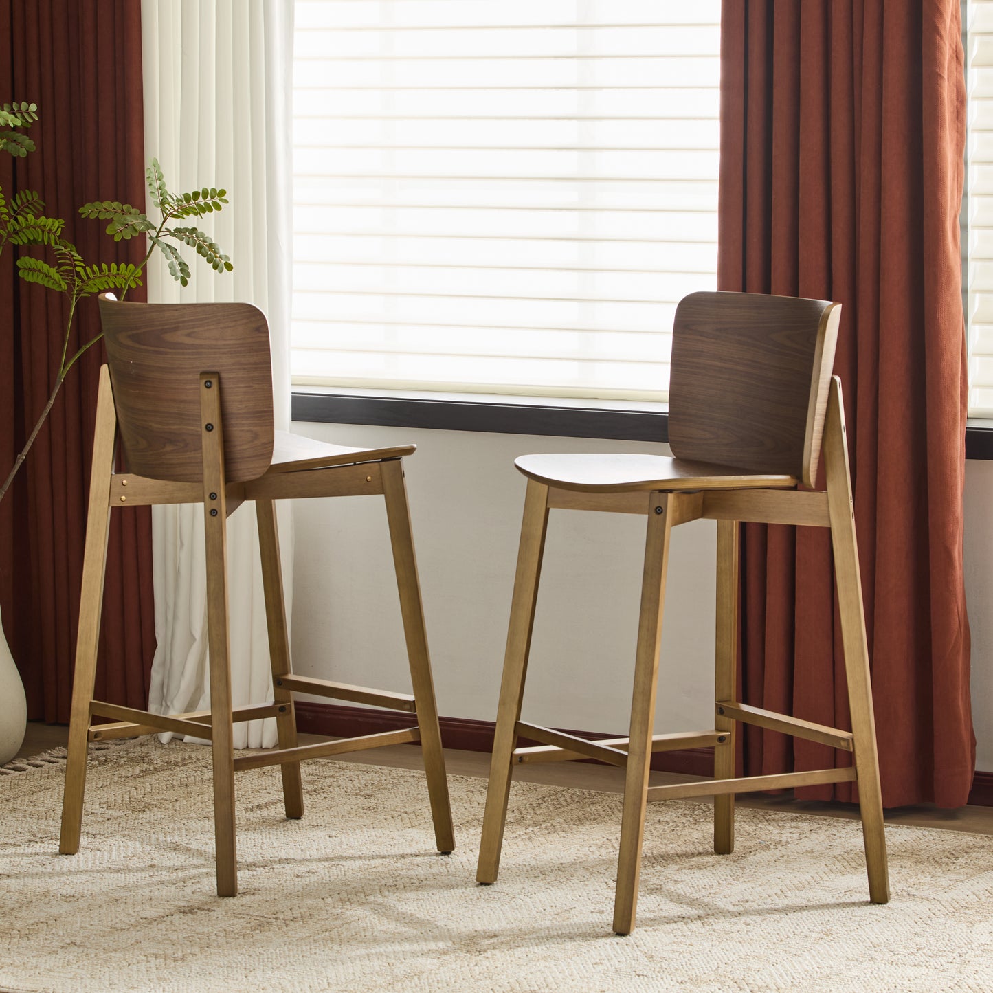 Pario Indoor Wooden Barstool, Walnut Finished, Set of 2
