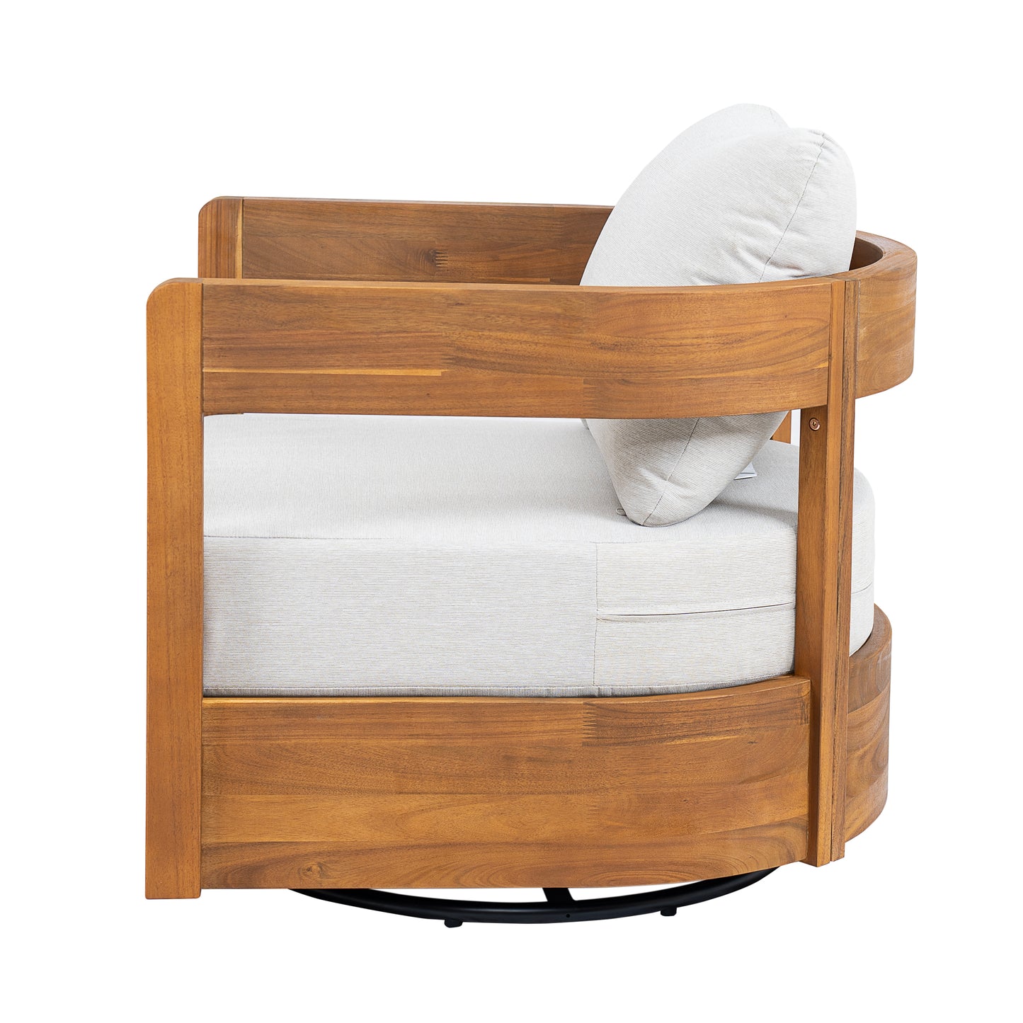 Loveday Wood Outdoor Swivel Club Chair – Ethereal Weather-Resistant Finish with Plush Beige Cushions for Tranquil Patio Lounging