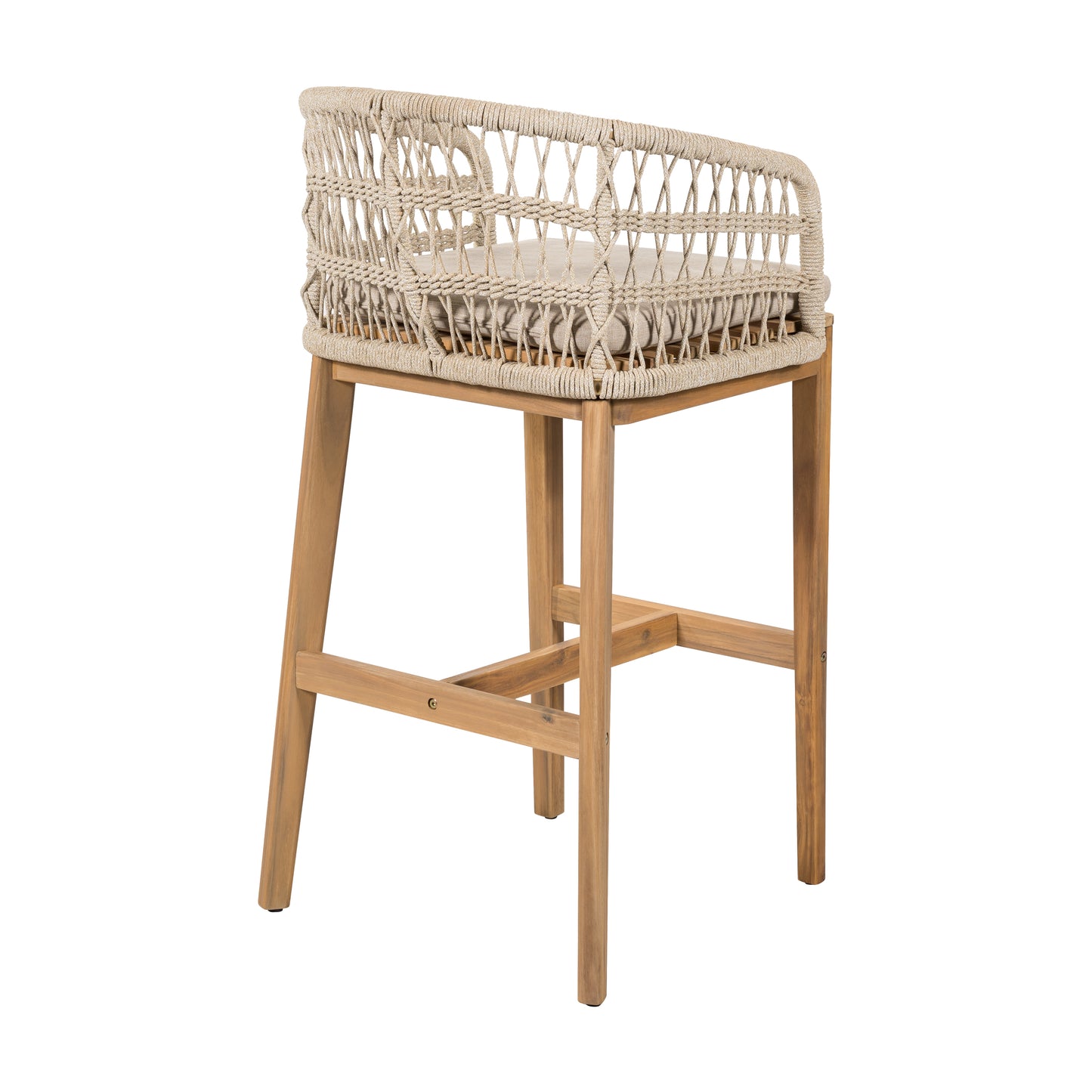 Lagunar Outdoor Wood and Rope Barstool, Teak Finished Wood with Cushion, Set of 2