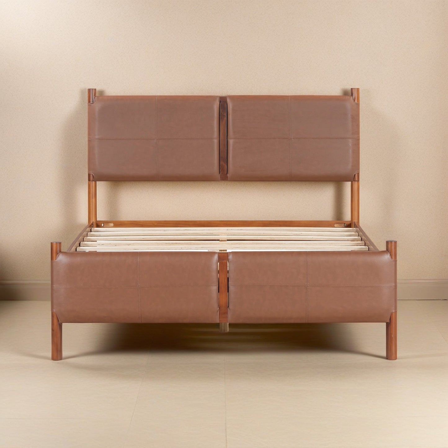 Umora Queen Bed with Brown leather Upholstered Headboard, Wood Frame