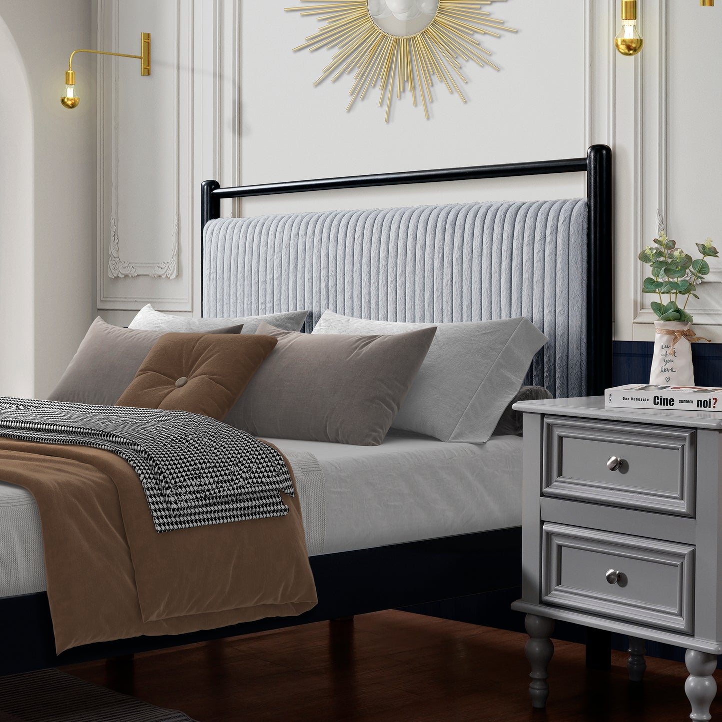 Lyrollar Wood Bed Frame with Fluffy Soft Headboard