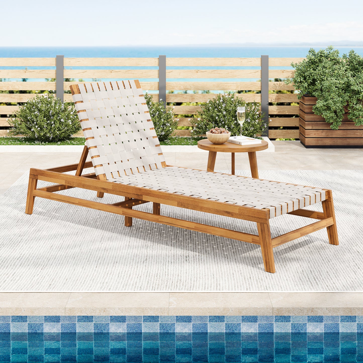 Rionaris Outdoor Acacia Wood Rope Chaise Lounge Adjustable 4-Position Recliner