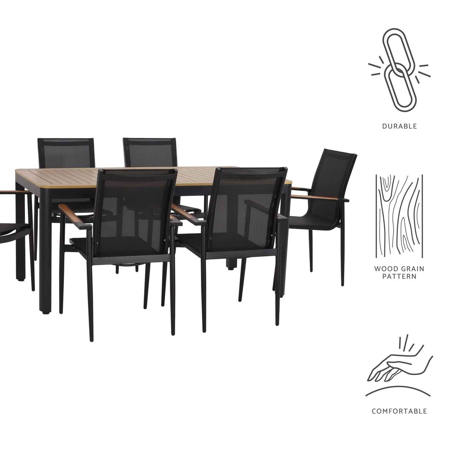Harlem Outdoor Mesh and Aluminum 7 Piece Dining Set, Black and Natural