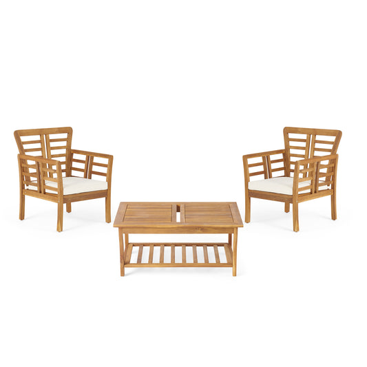 Laurier Outdoor Acacia Wood Club Chair and Coffee Table Set with Cushions