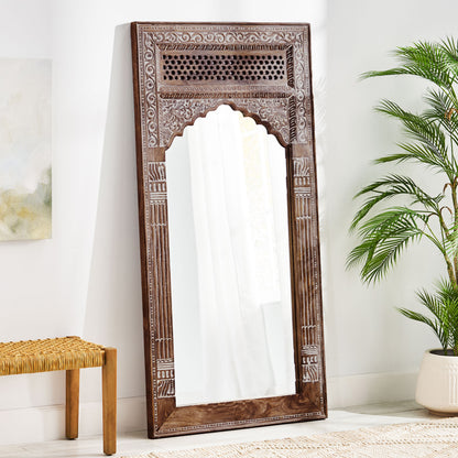 Wyola Traditional Handcrafted Mango Wood Carved Full Length Standing Mirror