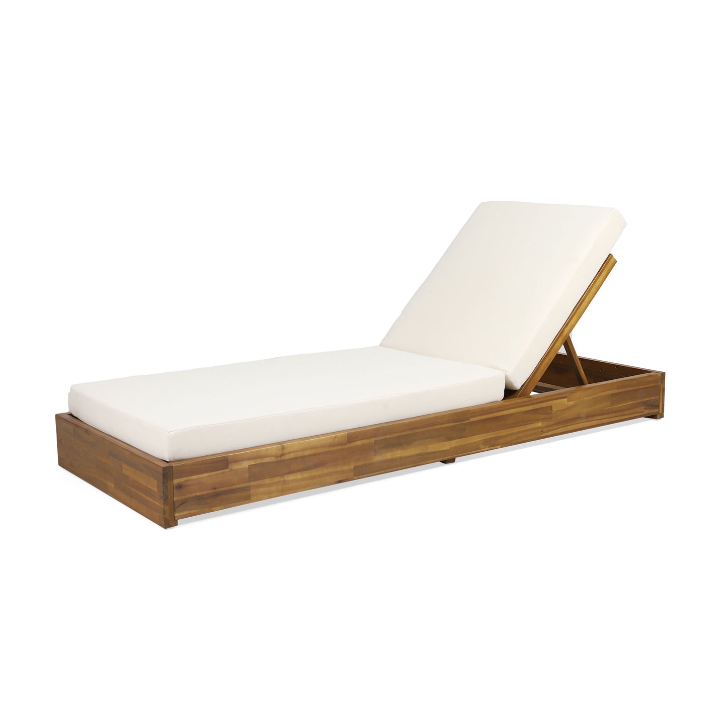 Lindero Outdoor Acacia Wood Armless Adjustable Chaise Lounge with Cushion