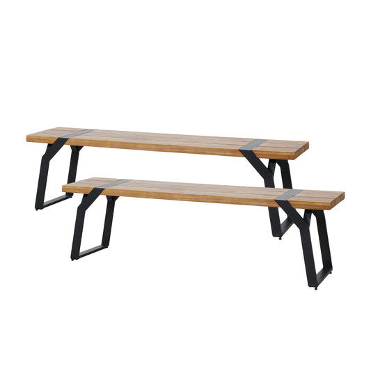 Pepple Outdoor Acacia Wood and Iron Dining Bench