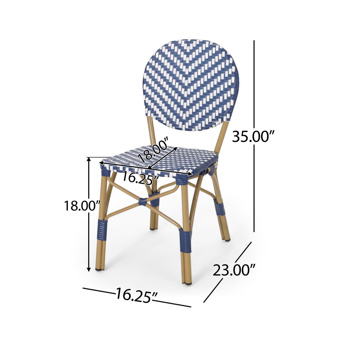 Deshler Outdoor Aluminum French Bistro Chairs, Set of 2, Navy Blue, White, and Bamboo Finish