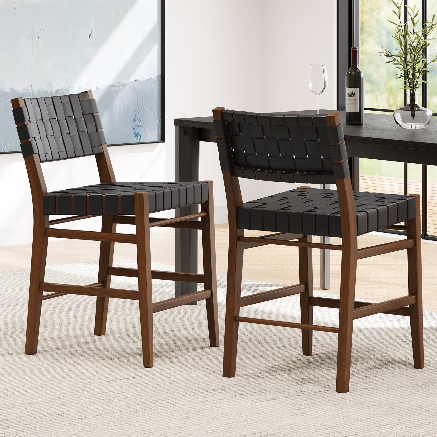 Zephyre Modern Black PU and Wood Counter Stools, Set of 2