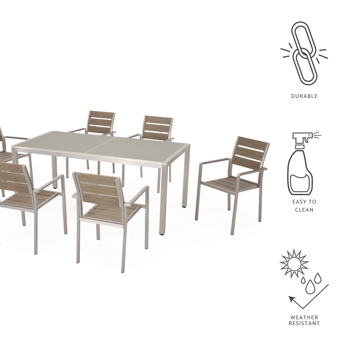 Cherie Outdoor Modern 6 Seater Aluminum Dining Set with Tempered Glass Table Top