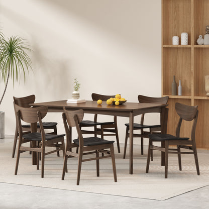Chennault Wood and Faux Leather 7 Piece Dining Set, Walnut, Dark Brown
