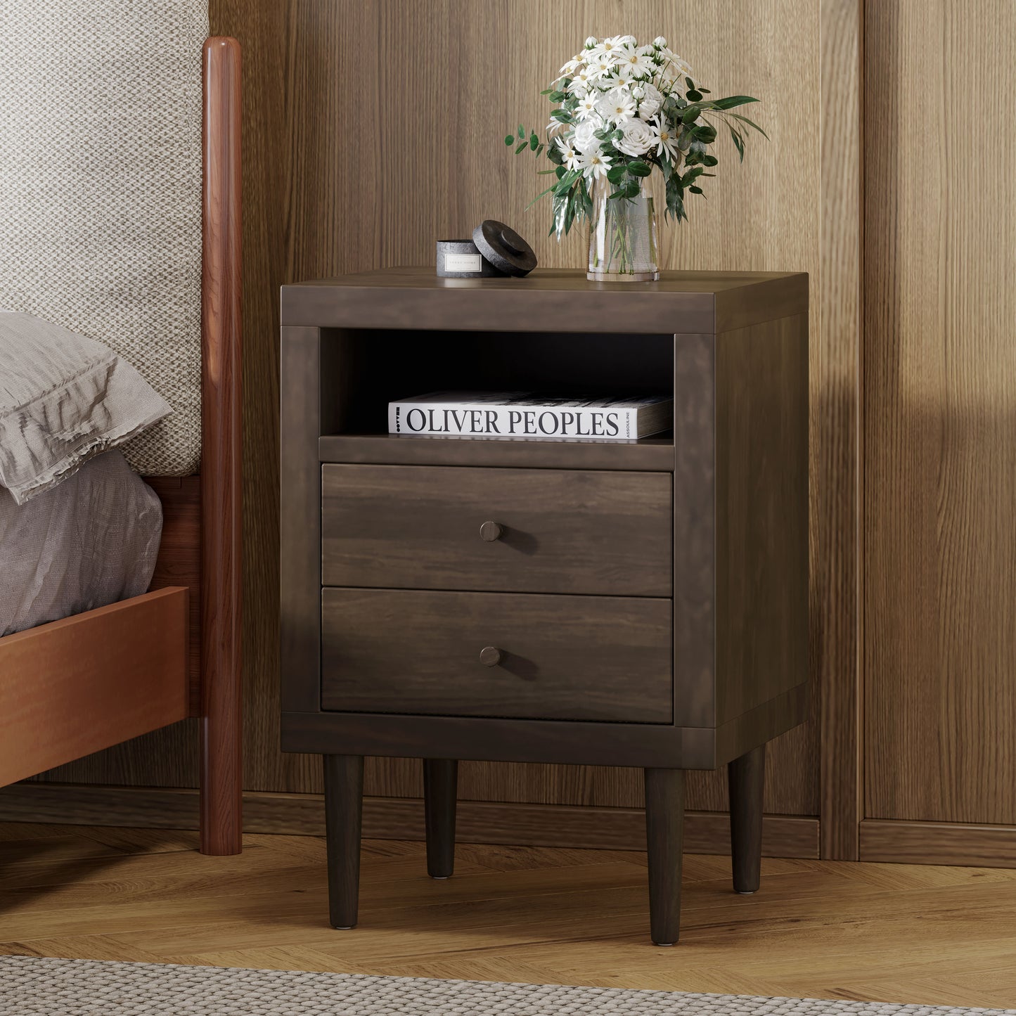 Farhart Mid Century Modern Faux Wood 2 Drawer Nightstand