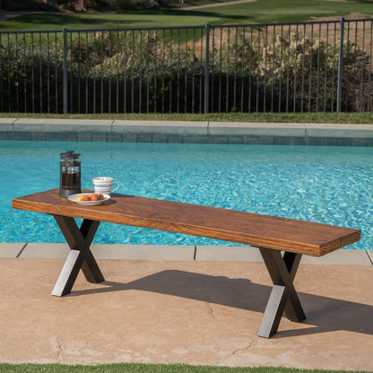 Falah Outdoor Brown Walnut Finish Lightweight Concrete Dining Bench