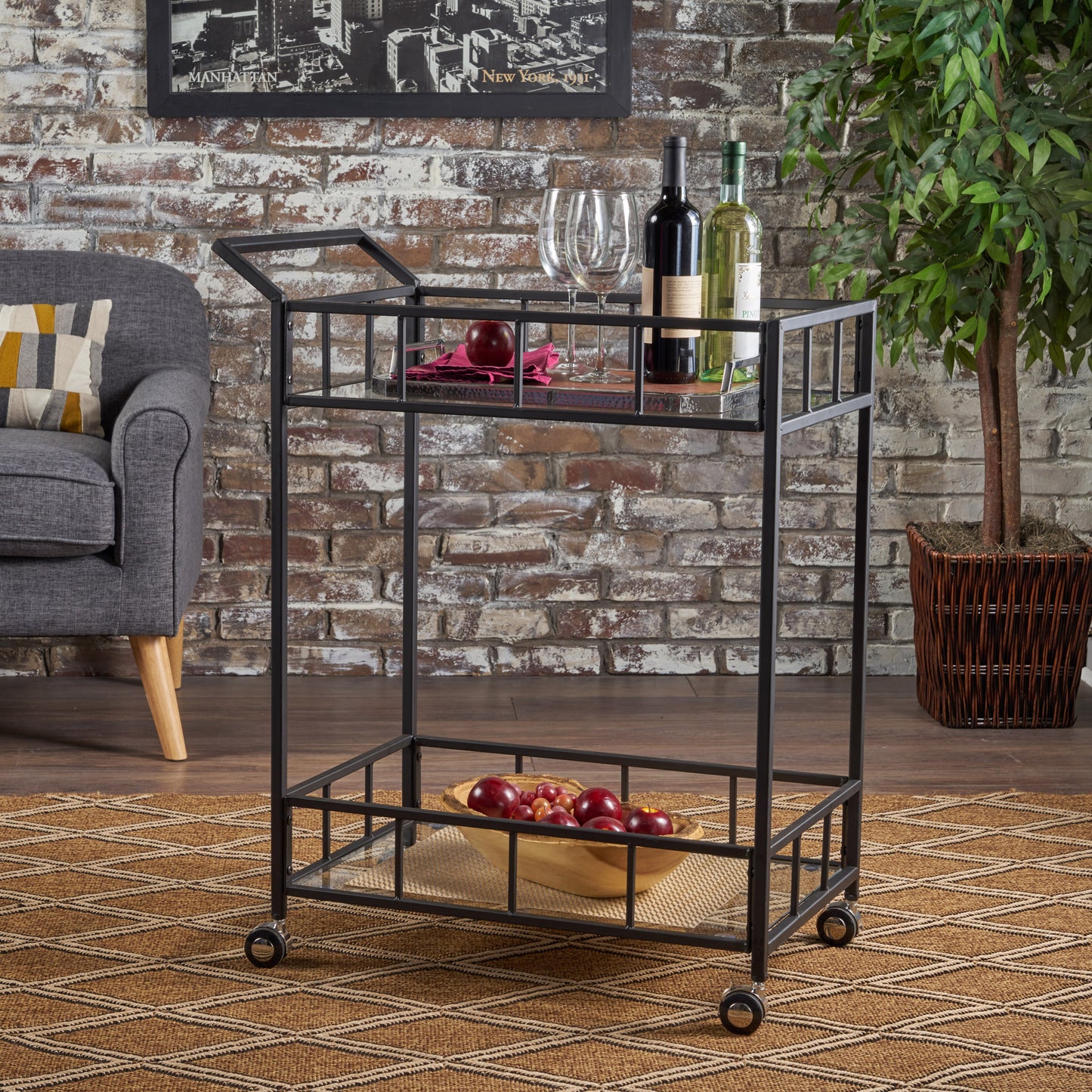 Talon Indoor Industrial Modern Black Iron Bar Cart with Tempered Glass Top