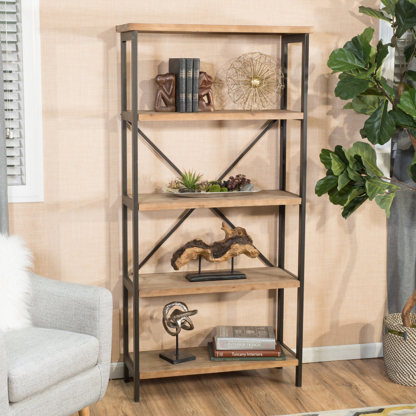 Warner Rustic 4 Shelf Wood & Metal Etagere Bookcase