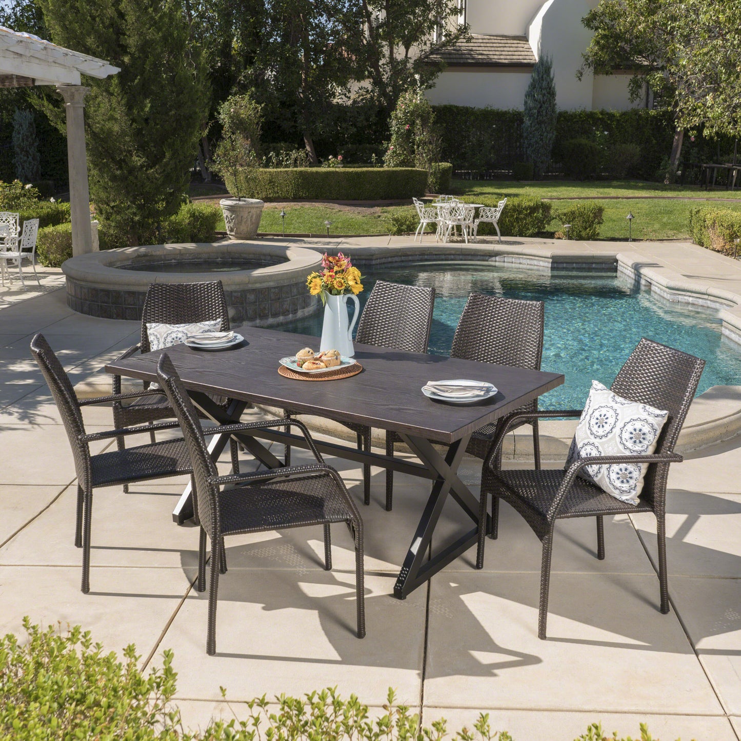 Harbosa Outdoor 7 Piece Multi-brown Wicker Dining Set with Brown Aluminum Table
