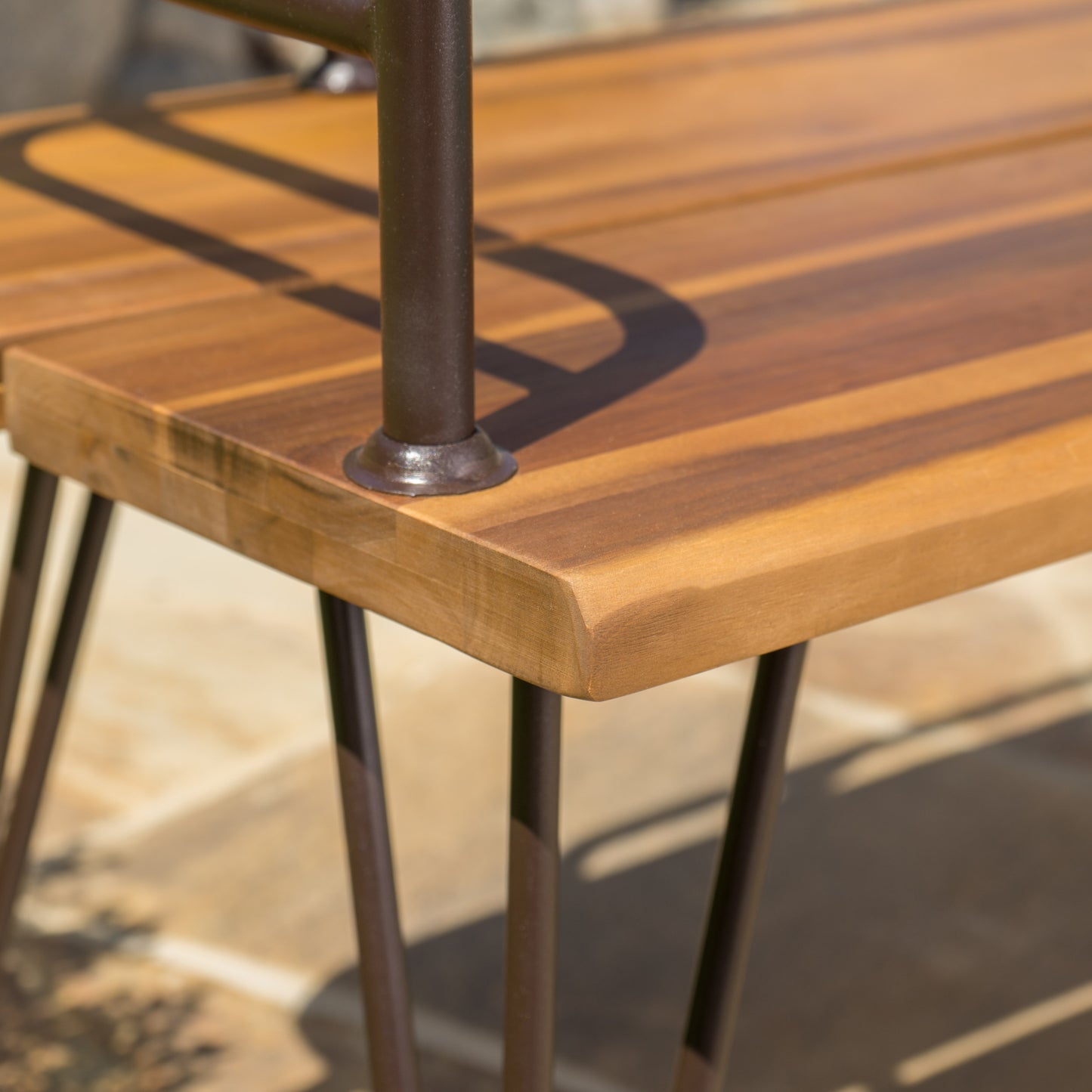 Avy Outdoor Rustic Industrial Acacia Wood Bench with Metal Hairpin Legs, Teak