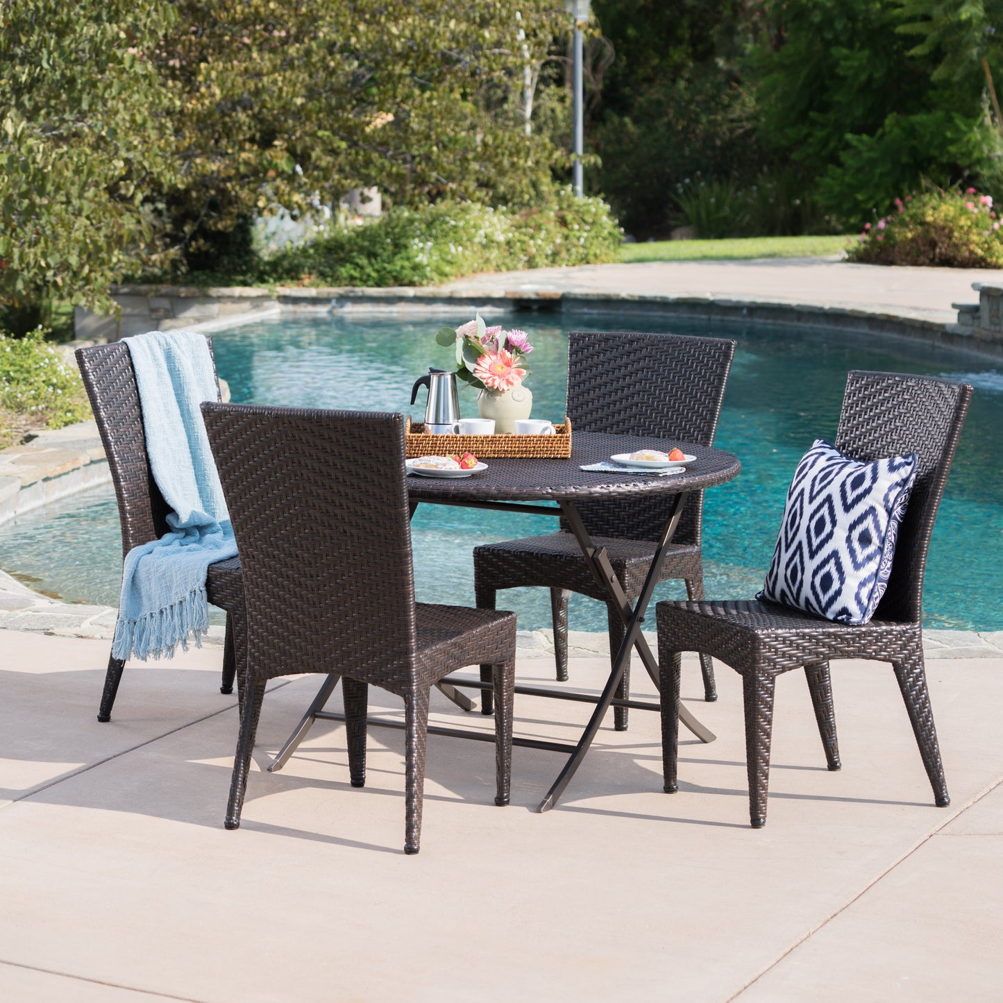 Abbey Outdoor 5 Piece Multi-Brown Wicker Dining Set with Foldable Table