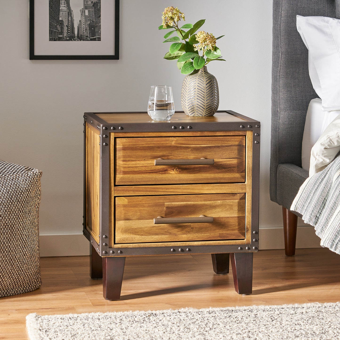 Ashlar Industrial Two-Drawer Natural Finish Acacia Wood Night Stand