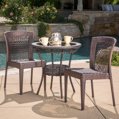 Dana Outdoor 3-Piece Multi-Brown Wicker Bistro Set with Tempered Glass Top