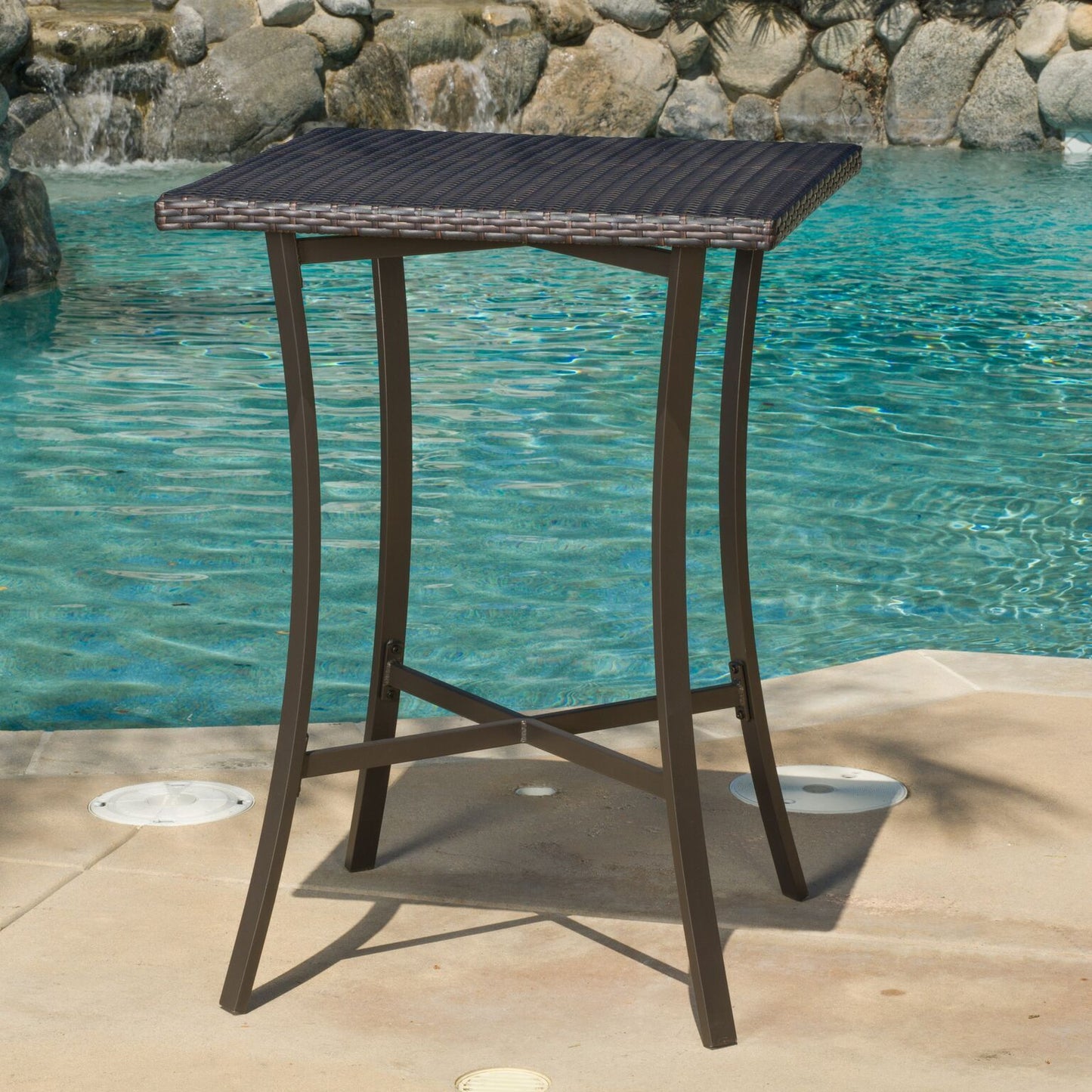 Cait Outdoor Square Multi-Brown Wicker Bar Table with Aluminum Frame