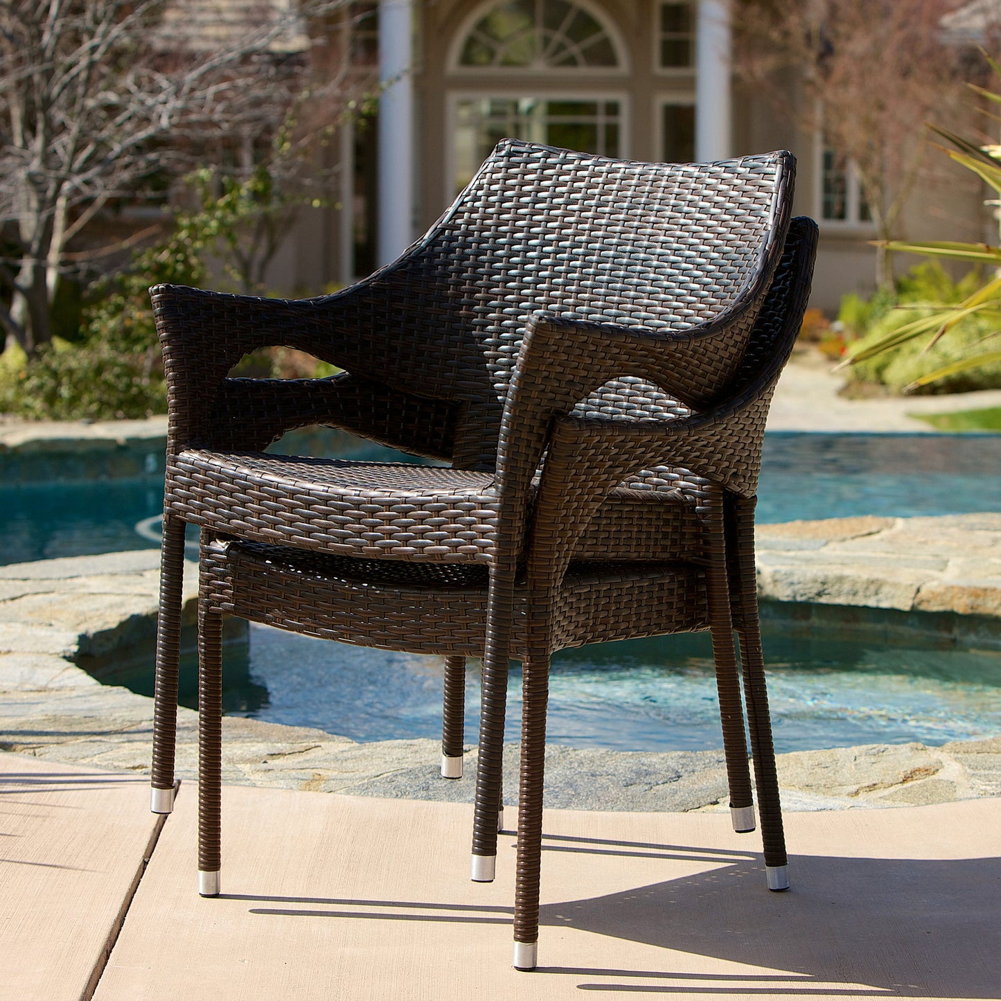 Tahitian Outdoor 3 Piece Multi-Brown Wicker Chat Set with Stacking Chairs