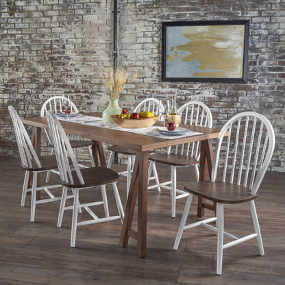 Angela Farmhouse Cottage 7 Piece Faux Wood Dining Set with Rubberwood Chairs