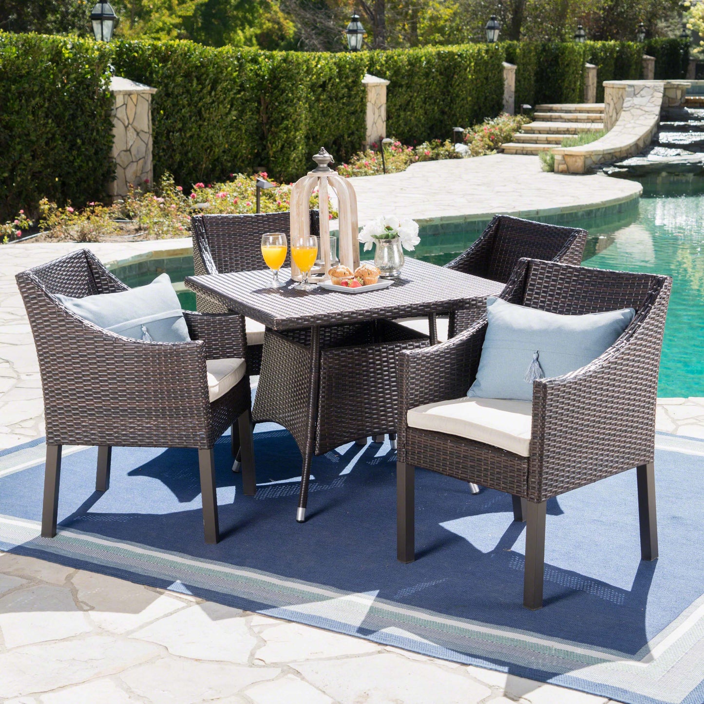 Frances Outdoor 5 Piece Wicker Round Dining Set with Water Resistant Cushions