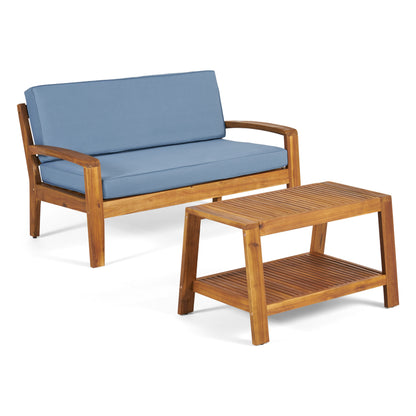 Christian Outdoor Acacia Wood Loveseat and Coffee Table Set with Cushions
