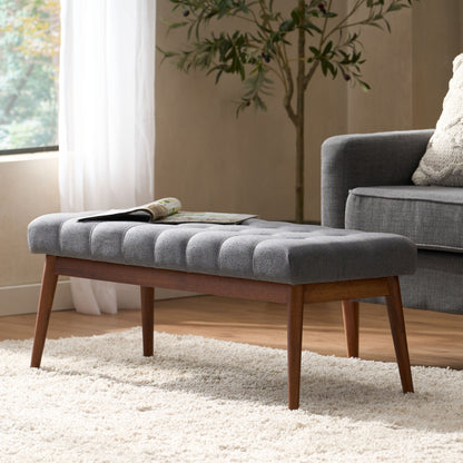 Flora Mid-Century Button Tufted Fabric Ottoman Bench with Tapered Legs