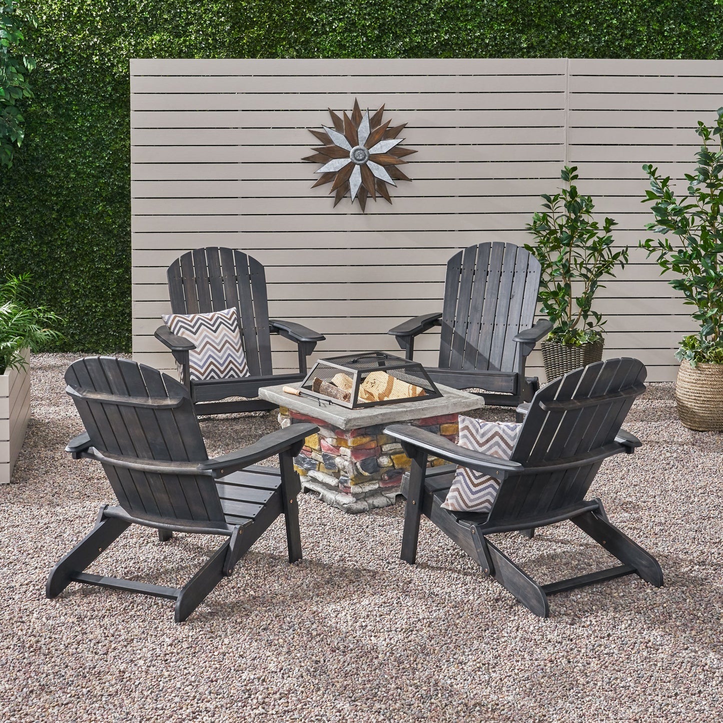 Benson Outdoor 5 Piece Acacia Wood/ Light Weight Concrete Adirondack Chair Set with Fire Pit