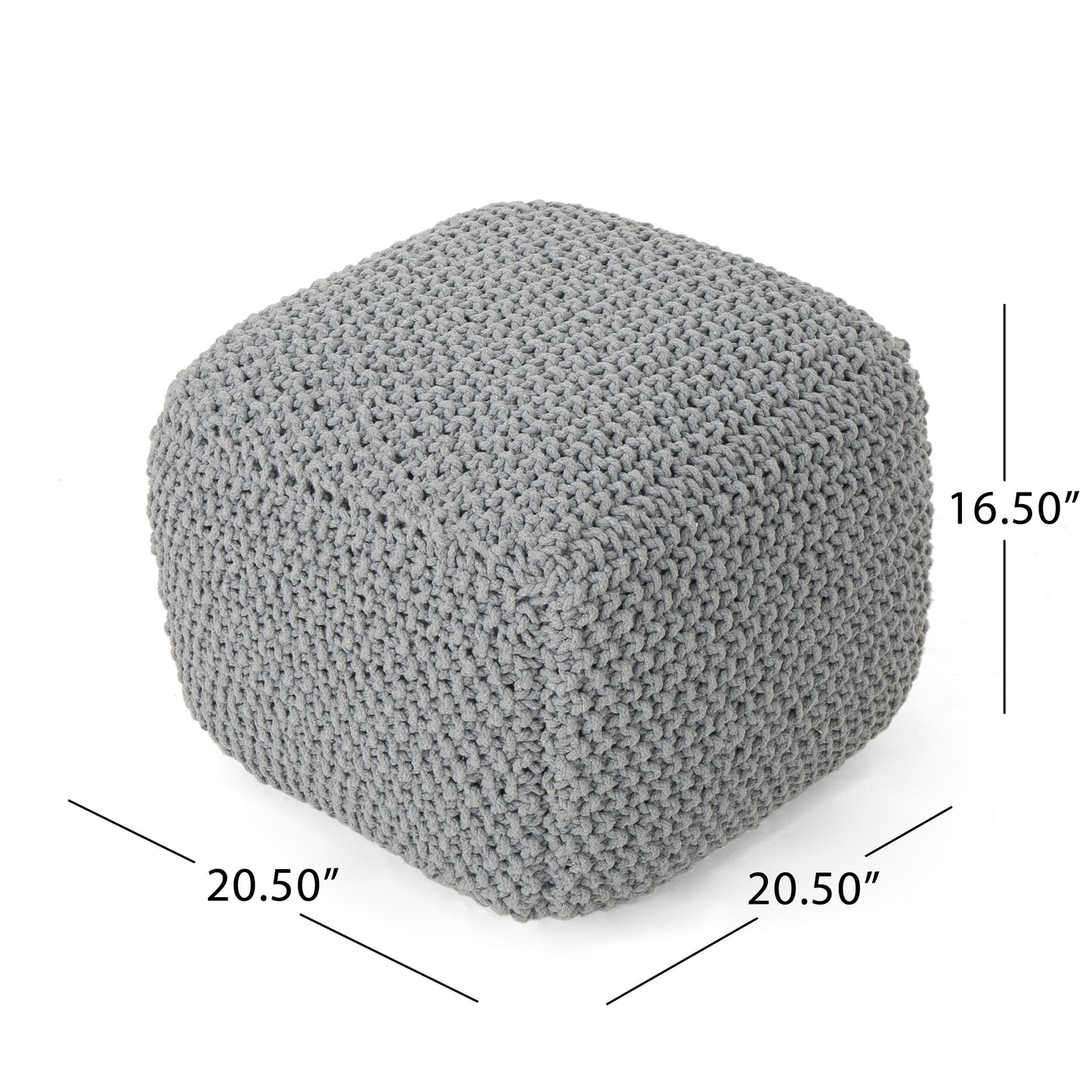 Teresa Knitted Cotton Square Pouf, Light Grey