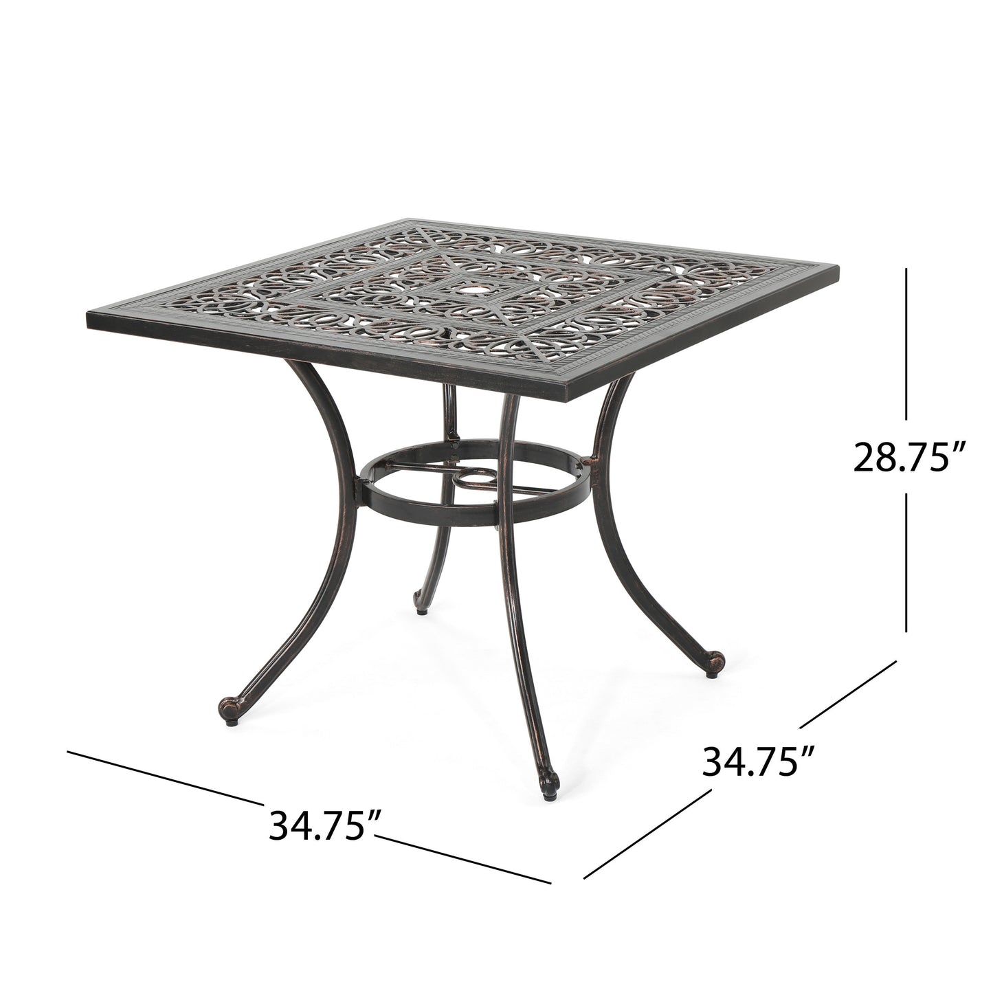 Jamie Outdoor Square Cast Aluminum Dining Table, Shiny Copper