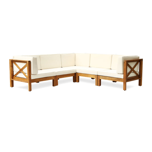 Brava Outdoor Acacia Wood 5 Seater Sectional Sofa Set with Water-Resistant Cushions