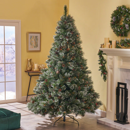 7.5-foot Cashmere Pine and Mixed Needles Hinged Artificial Christmas Tree with Snowy Branches and Pinecones