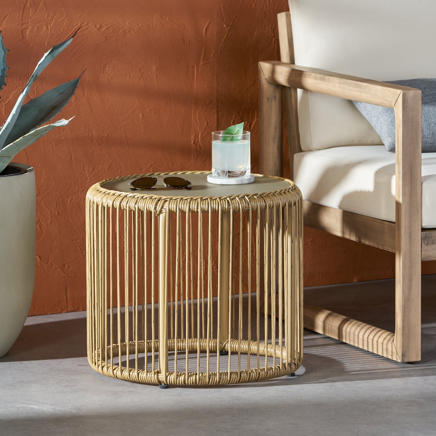 Averyrose Outdoor Wicker Side Table with Tempered Glass Top